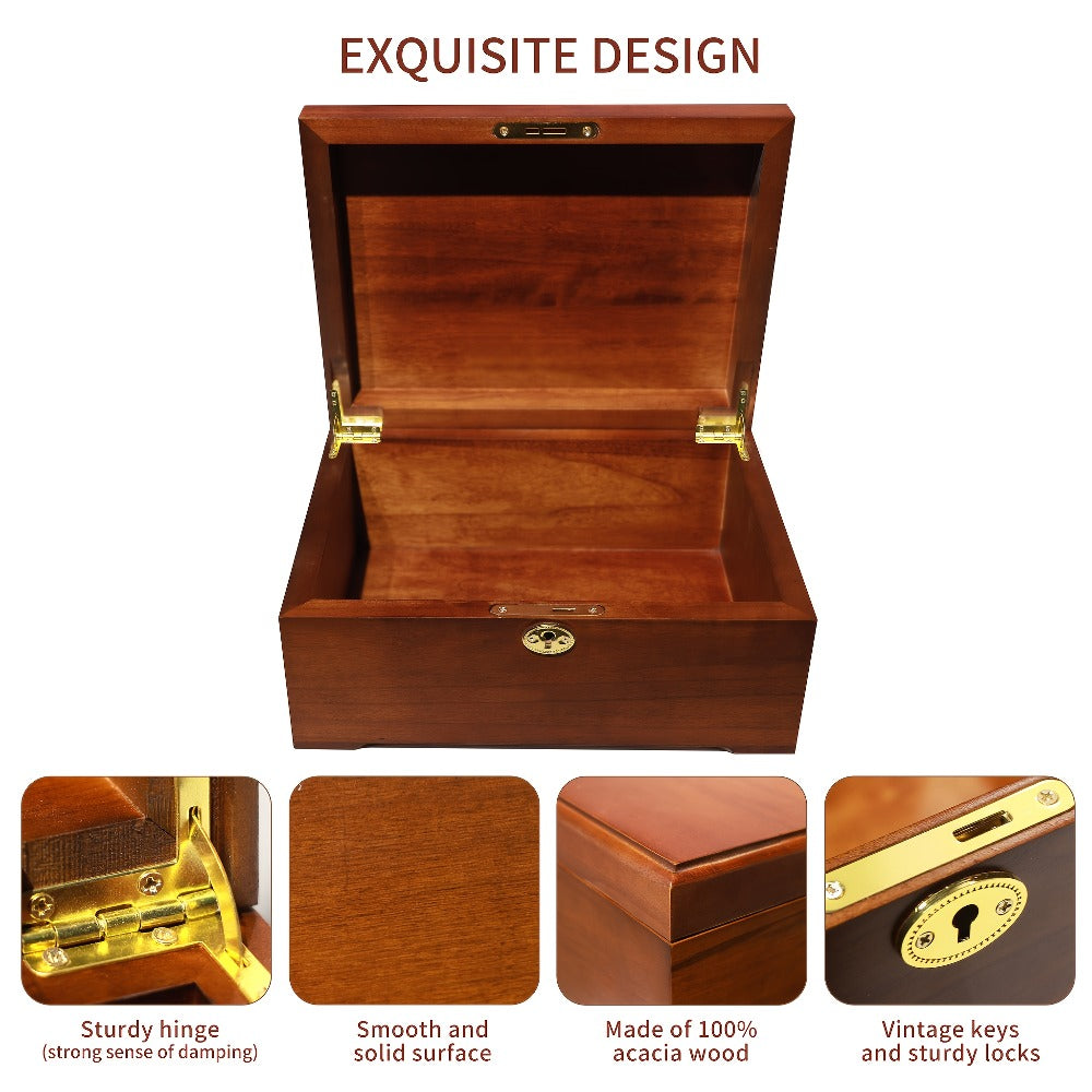 Wooden Jewelry Box with Lock Handcrafted Vintage Wood Storage Chest Hinged Lid Key Lock Multipurpose Organizer Keepsakes Home Office Decor 11x8.5x5.25 Inch
