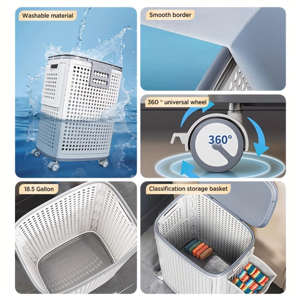 Wheeled Laundry Hamper Large Foldable with Dividers & Dust-Proof Lid ¨C 360¡ã Breathable Mesh Basket on Wheels, Reinforced Steel Base, Portable Clothes Organizer for Bedroom, Bathroom & Dorm