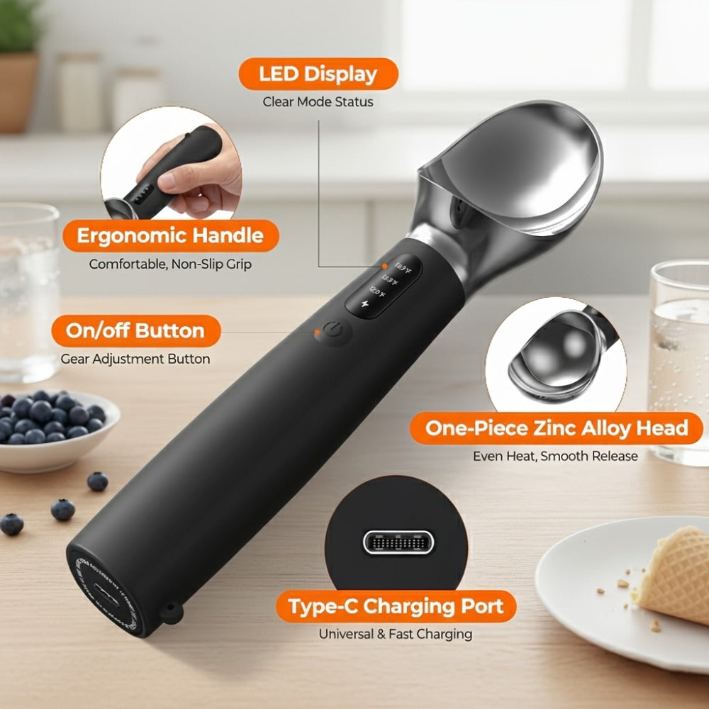 Heated Electric Ice Cream Scoop ¨C USB-C Rechargeable with 3 Temperature Levels up to 158¡ãF, Touch-Activated, IPX7 Waterproof, LED Display, Food Grade Stainless Steel, Ergonomic Design for Hard Ice Cream