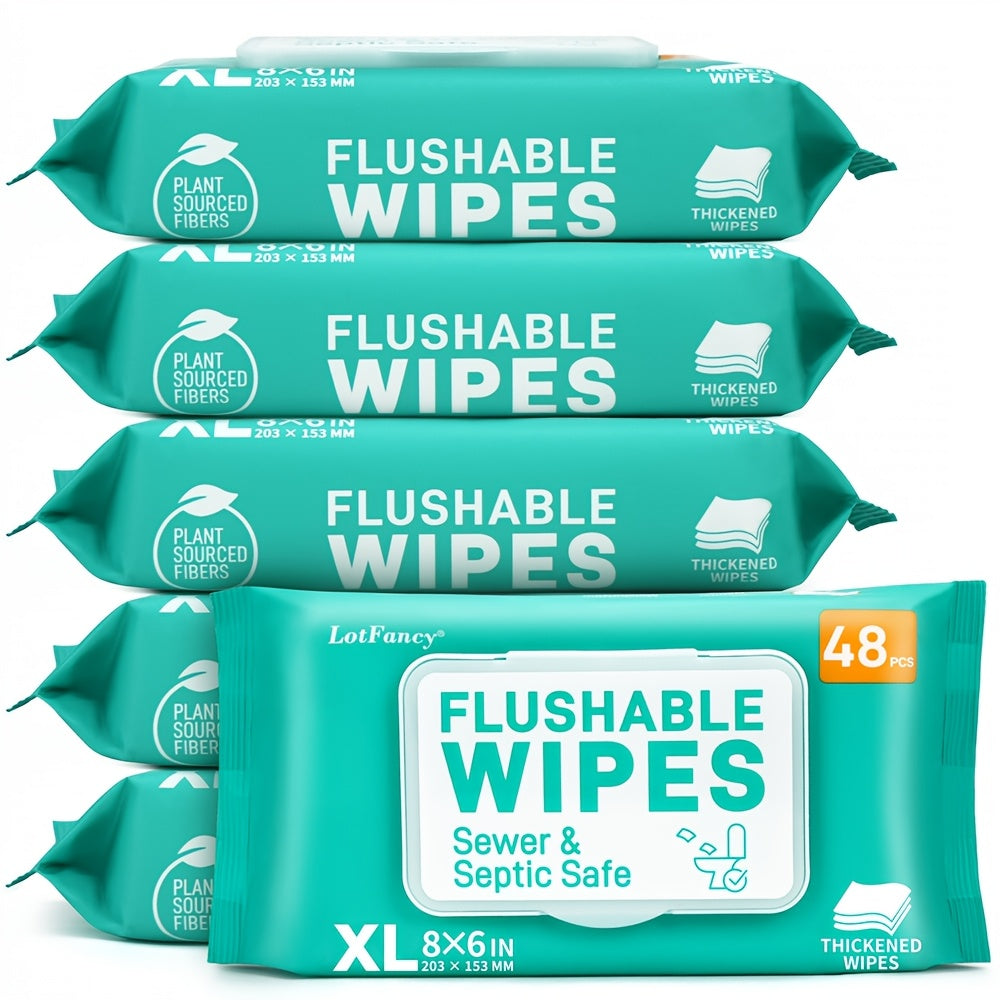 Flushable Wet Wipes Extra Large Thickened 48ct ¨C Alcohol-Free Plant-Based Butt Wipes, Septic Safe, Quick-Dispersing for Baby Sensitive Skin, Feminine & Personal Care ¨C Pack of 3 or 6