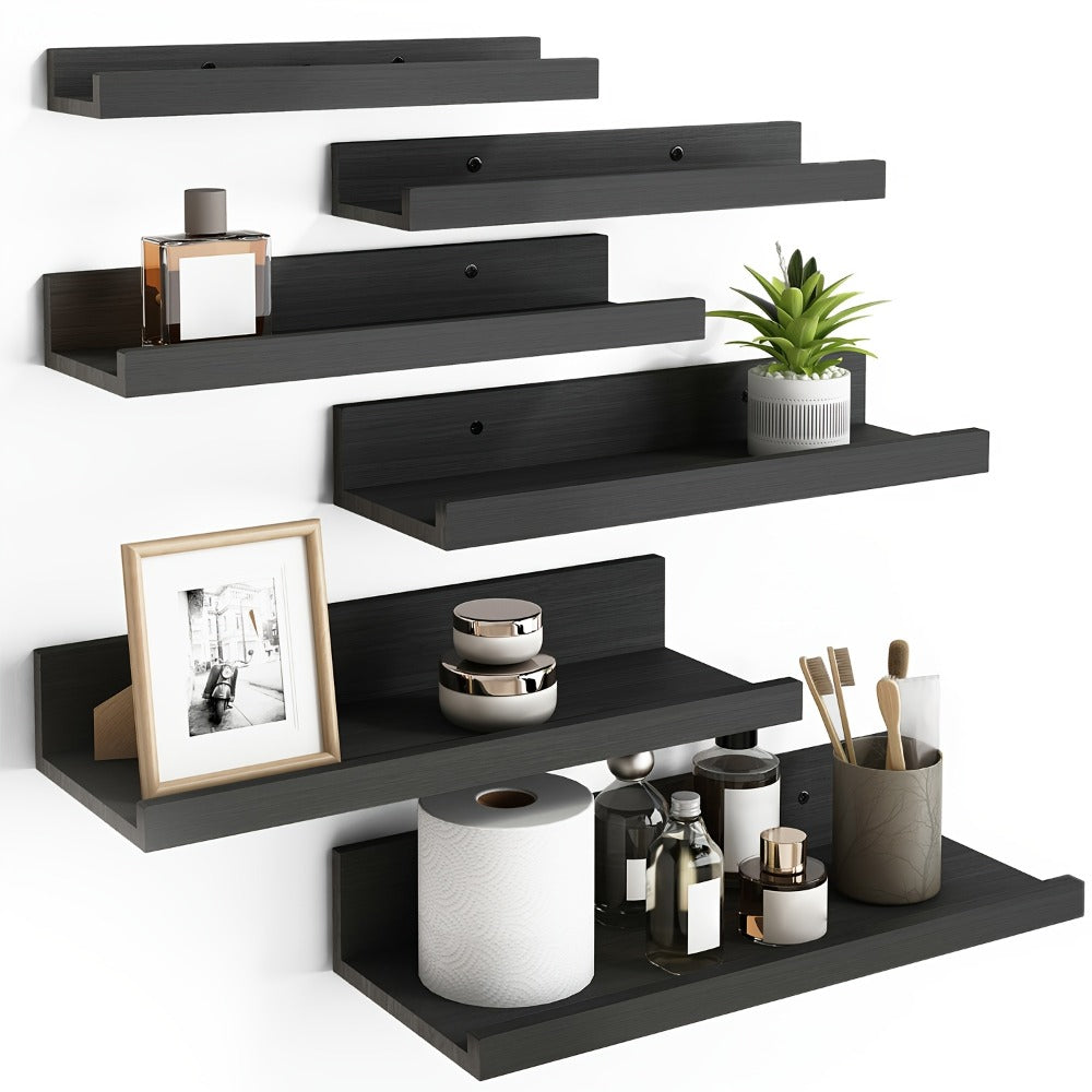 Floating Shelves 6pcs Set Wall Mounted Shelves 6 Different Sizes | Heavy Duty Shelf for Home Decor Bathroom Bedroom Living Room Space Saving Storage White Brown Black