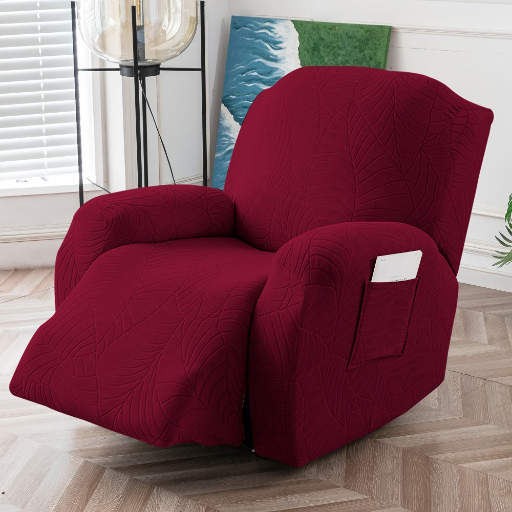 Recliner Chair Cover Slipcover 4-Piece Set ¨C Leaf Jacquard Stretch Furniture Protector with Storage Pocket, Non-Slip Recliner Sofa Cover for Living Room, Machine Washable, 6 Colors Available