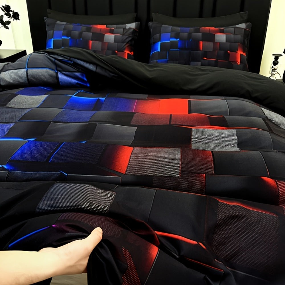 Duvet Cover Set 3 Piece Plaid Digital Print Polyester Bedding All Season Twin Full Queen King Size with Pillowcases Purple Blue Red