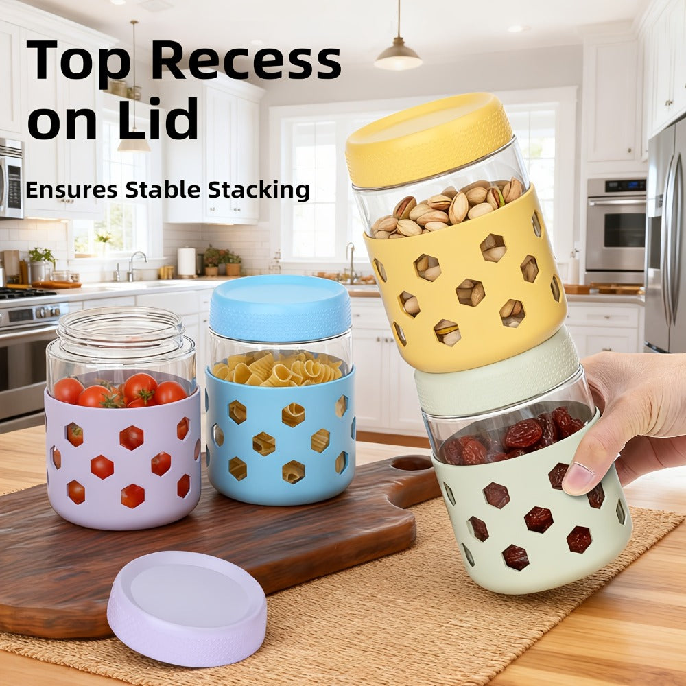 Glass Airtight Jars 6 Pack 16oz - Moisture Proof Food Storage Containers with Screw Top Lids and Silicone Sleeves for Tea Grains Nuts Snacks and Yogurt, Clear Round Glass Canisters for Kitchen Pantry Counter Organization