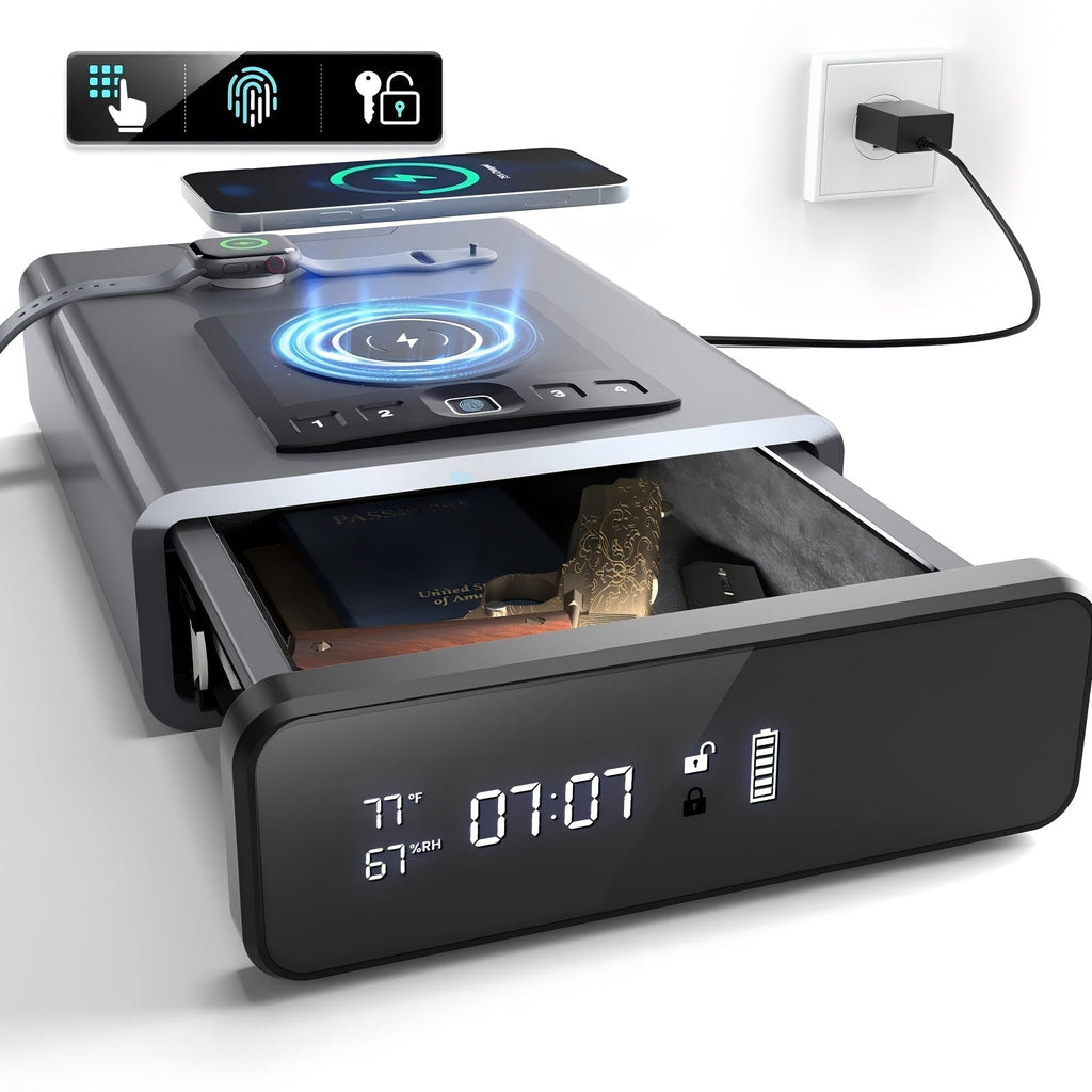 Biometric Gun Safe with Fingerprint Lock LED Clock and Wireless Charging DOJ Pistol Safe Backlit Keypad LED Light 2-in-1 Watch Mobile Charging Jewelry Storage Bedside Nightstand Safe Grey Black