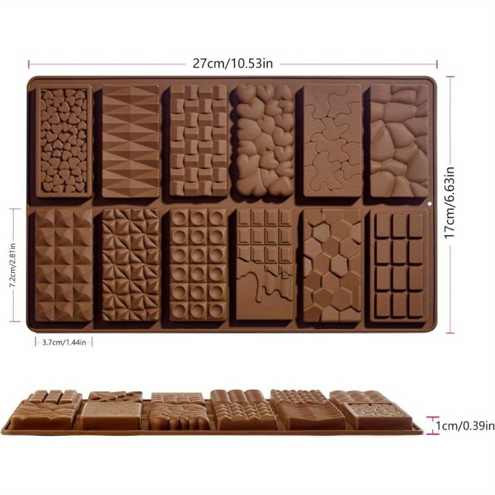 Silicone Chocolate Molds 3 Pack, 12 Cavity Food Grade BPA-Free Non-Stick Chocolate Bar Mold with Scraper, Easy Pop Out Candy Mold for Homemade Chocolate, Wax Melts, Soap, Valentine's Day, Thanksgiving