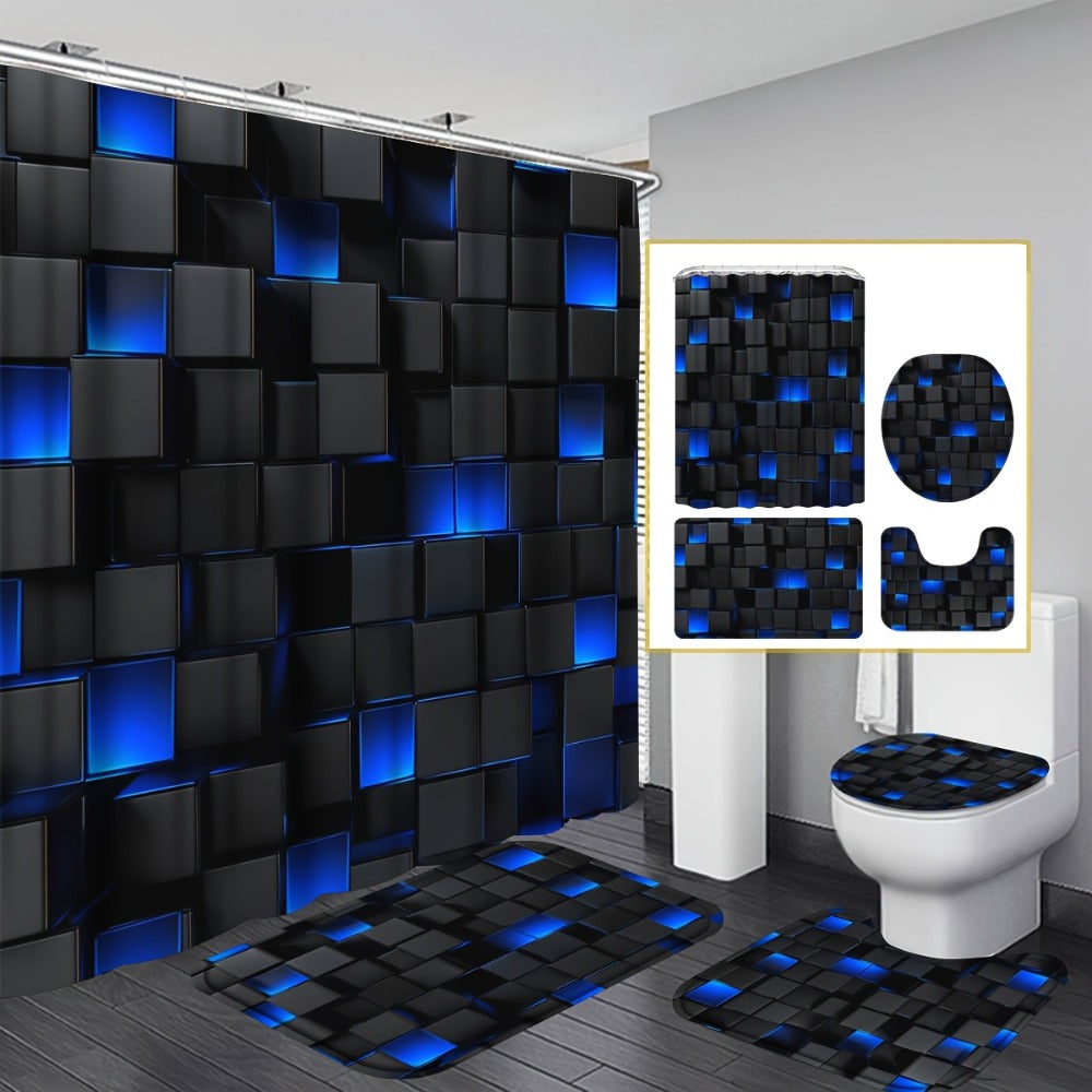 Shower Curtain Set with 12 Hooks & Toilet Seat Cover, 4-Piece Bathroom Set Dark Blue Geometric Abstract Cube Pattern, Modern Waterproof Bath Curtain Set for Bathroom Decor