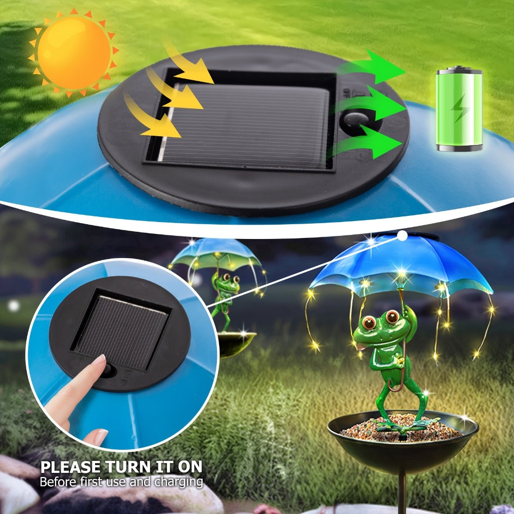 Solar Garden Decor Frog with Umbrella LED Light ¨C Iron Frog Outdoor Statue with Solar Powered LED | Bird Feeder Garden Ornament for Patio, Lawn, Pathway & Deck | Unique Valentine Gift Yard Decoration