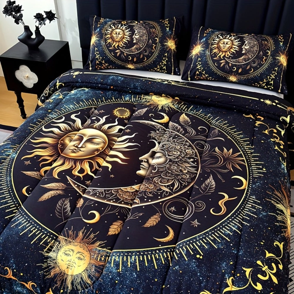 Sun Moon Planet Comforter Set 3pcs Digital Print Quilted Bedding 1 Comforter 2 Pillowcases 180GSM Soft Breathable Black Celestial Bedroom Decor Twin Full Queen King Size Dormitory