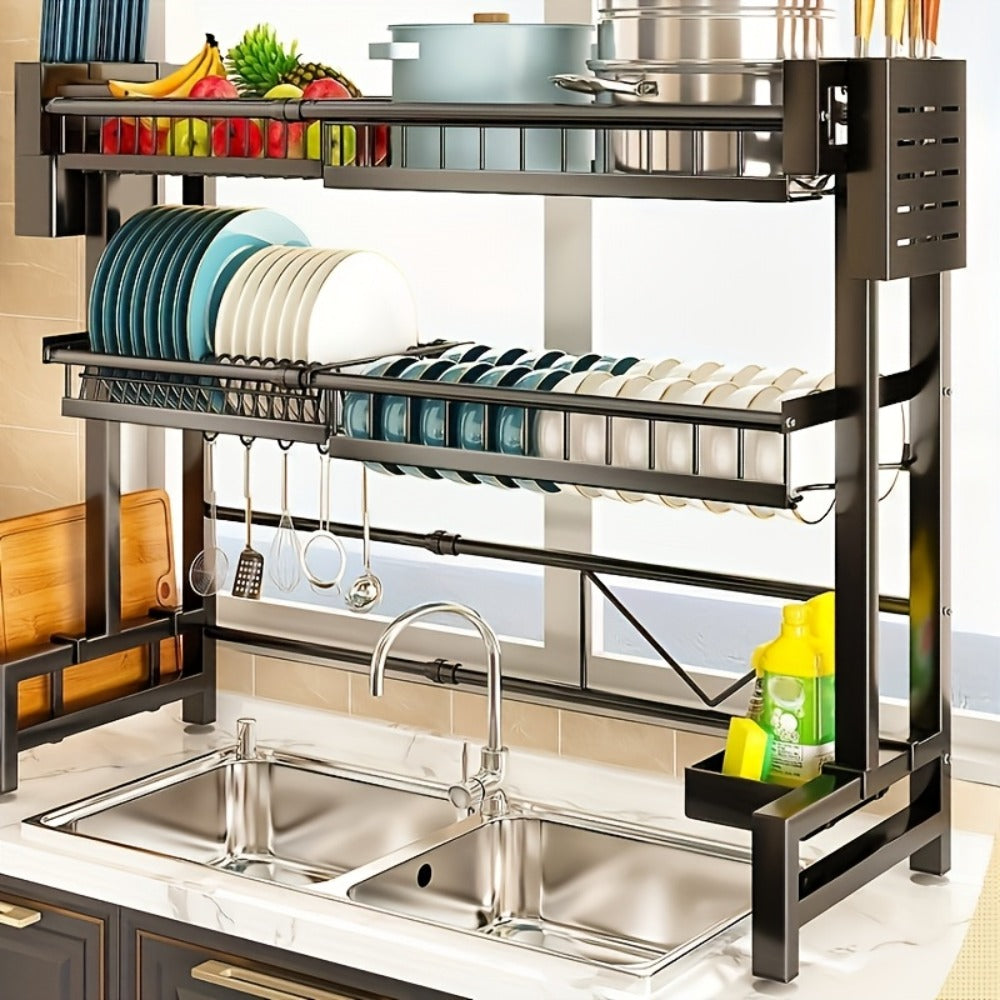 Over-the-Sink Dish Drying Rack Expandable 2-Tier 304 Stainless Steel Adjustable 30-34 Inch with Utensil Holder Knife Holder Cutting Board Holder and 5 Hooks for Kitchen