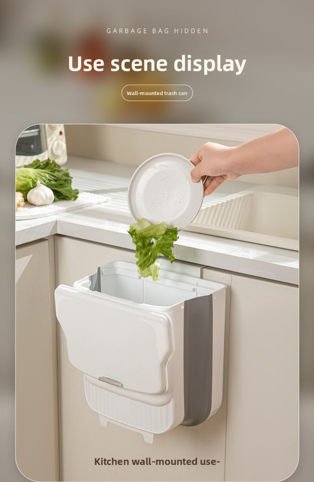 Collapsible Trash Can with Lid Wall Mounted Cabinet Door Hanging Waste Bin 1.85 Gallon Kitchen Bathroom Odor Control Space Saving Garbage Can