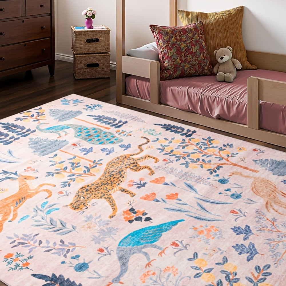 Area Rug 8x10 Ft Soft Non-Slip Machine Washable Large Floor Rug with Floral Forest Animal Patterns for Living Room Bedroom Home Decor ¨C Durable Easy Clean Indoor Carpet