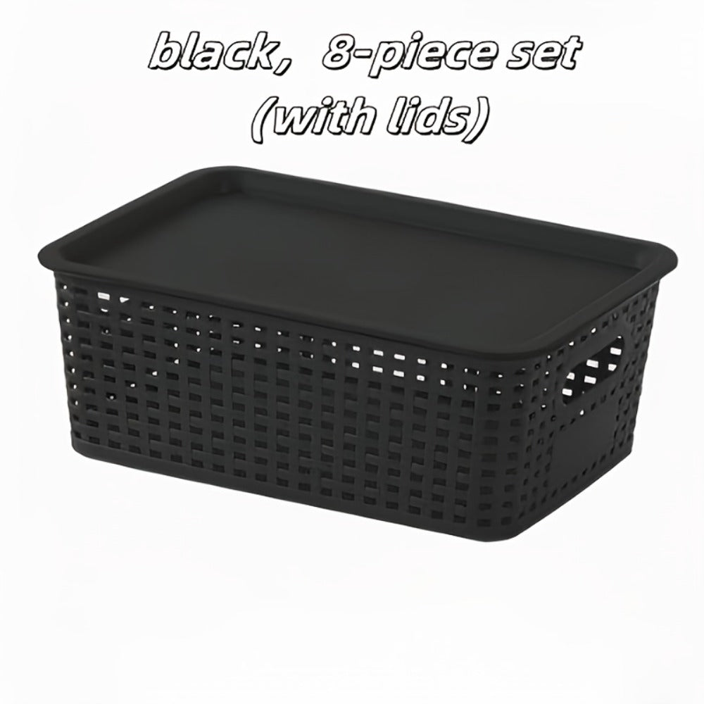 Storage Basket Set with Lids 8pcs ¨C Plastic Desktop Organizer Bins for Document Storage, Shelf Organization & Home Office ¨C Flip-Top Lid Baskets, White