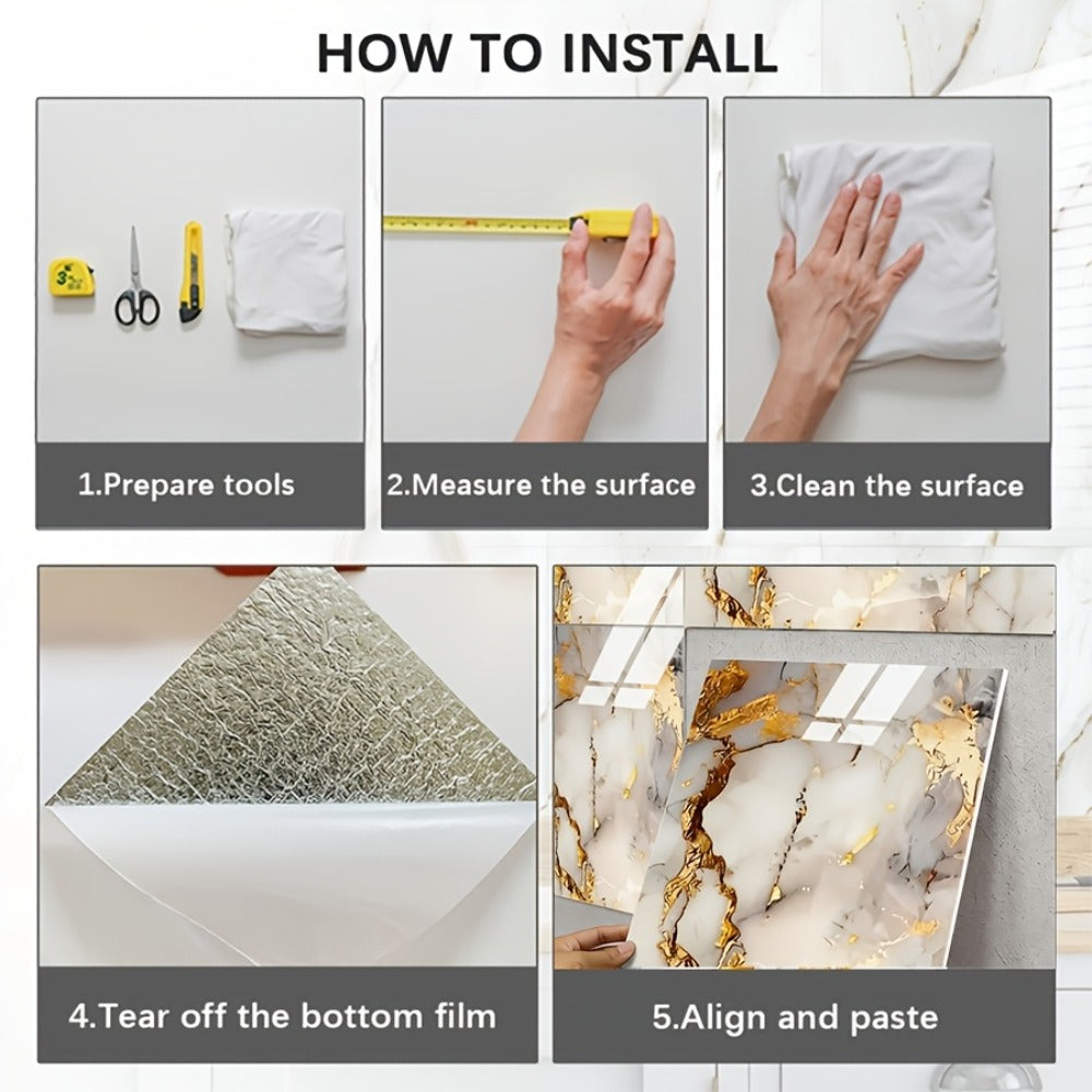 Self-Adhesive Marble Tile Stickers 11.8x11.8in Peel and Stick Wall Tiles for Bathroom Kitchen Backsplash ¨C Waterproof 3D Glossy Imitation Marble Wall Panel, Easy to Install, 50 or 100 Pack