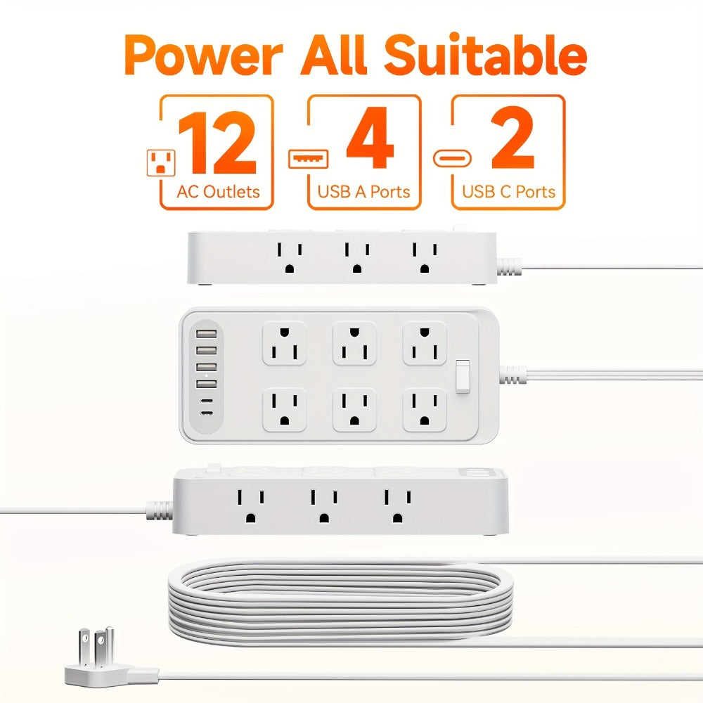 Charging Station Power Strip 18-in-1 with 12 AC Outlets 4 USB-A 2 USB-C Ports Surge Protector Flat Plug 5FT PVC Extension Cord Fire-Resistant for Home Office Travel Desk White Black