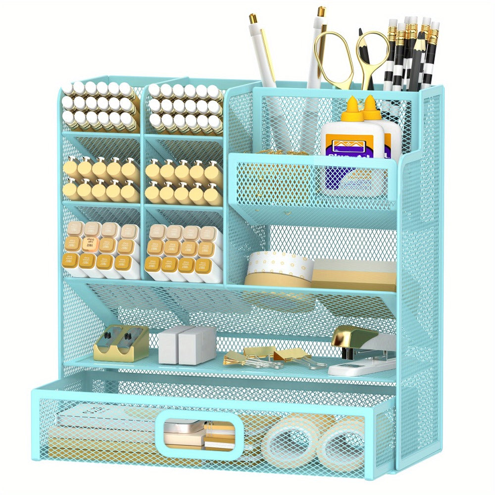 Mesh Desk Organizer with Drawer ¨C Multifunctional Desktop Pen Holder & Office Supply Organizer for Home Office, School & Art Studio ¨C Pencil Cup Caddy with Storage Compartments, Multiple Colors Available