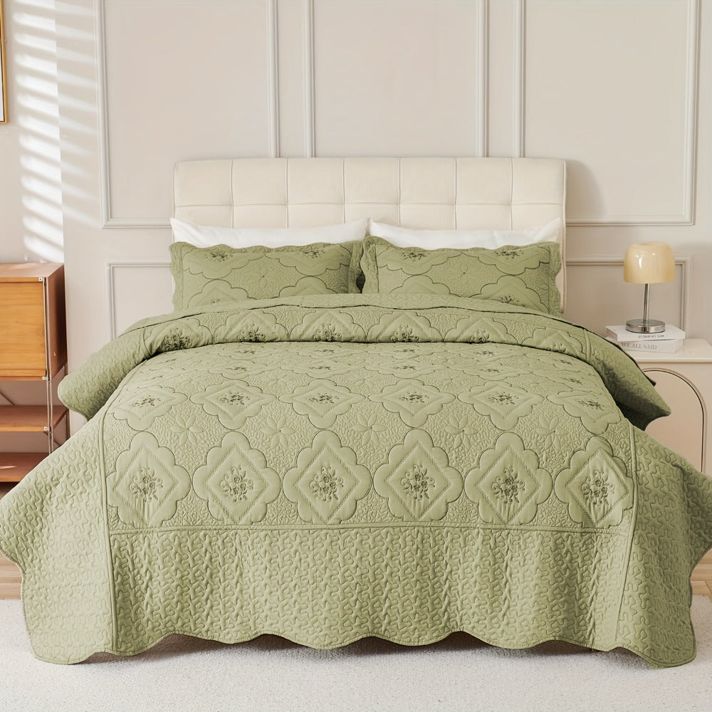 Quilt Set 3 Piece Floral Embroidery Bedspread - 100% Polyester Wrinkle Resistant Lightweight Quilted Coverlet with 2 Pillow Shams for Full Queen King Bed, Elegant Bedroom Decor in 19 Colors