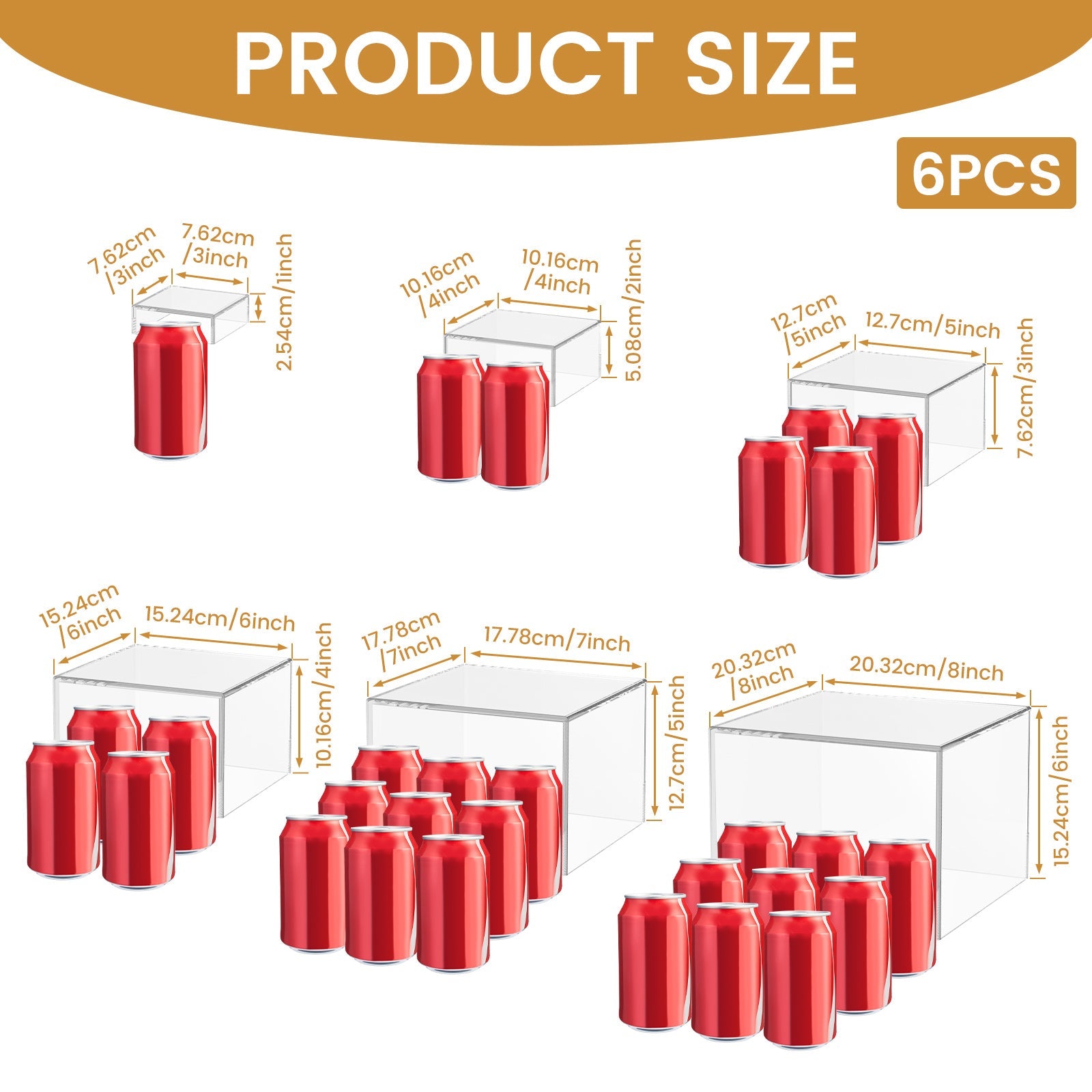 Acrylic Buffet Risers 6pcs Display Stand Set 8 Sizes 3¡±-10¡±, Cube Box Riser Shelf for Party Catering Dessert Table, Food Display Stand for Collectibles Cupcakes Jewelry, White or Clear
