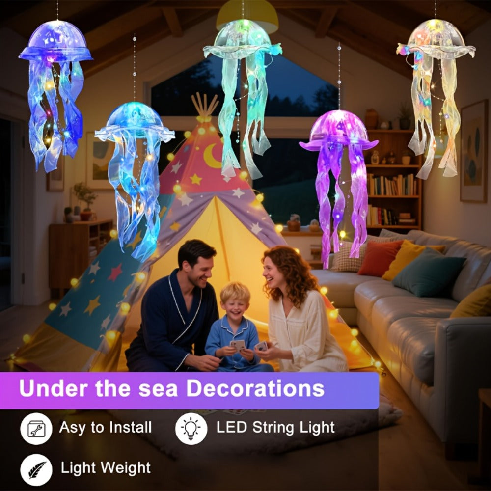 Jellyfish Lantern Party Decorations 5 Pack ¨C Colorful Translucent Ribbon Hanging Lights for Halloween Christmas Wedding Birthday, Indoor Outdoor Festive Event Decor (Crystal Ribbon / Set)