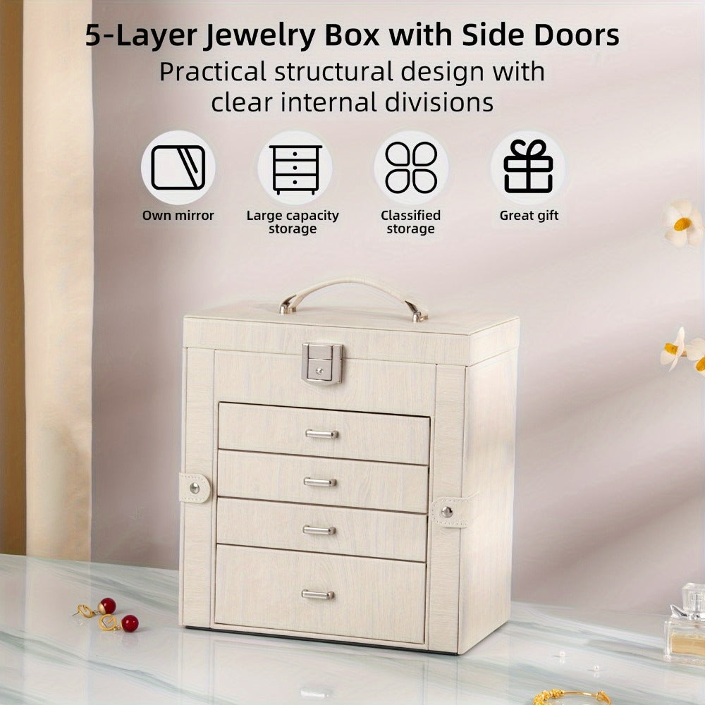 Large Jewelry Box 5-Tier PU Leather Organizer with Lock & Mirror ¨C Storage Case for Bracelets, Earrings, Rings & Necklaces