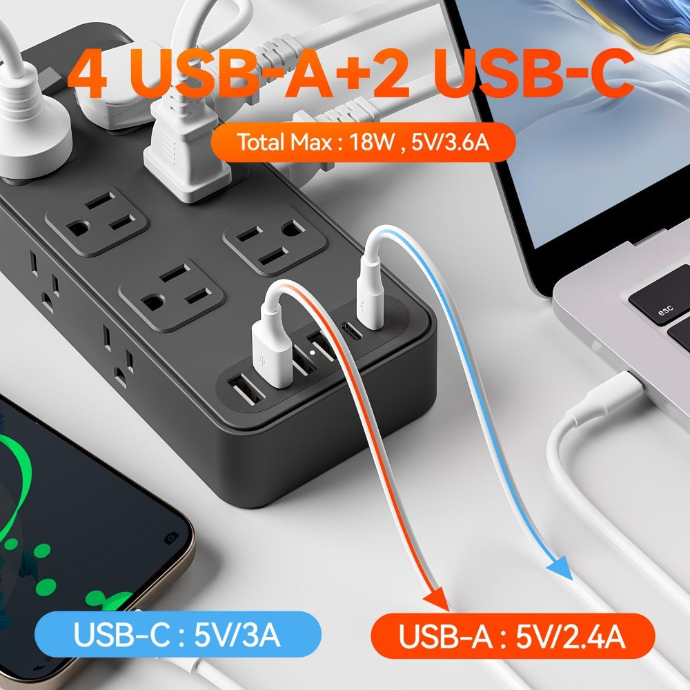 Charging Station Power Strip 18-in-1 with 12 AC Outlets 4 USB-A 2 USB-C Ports Surge Protector Flat Plug 5FT PVC Extension Cord Fire-Resistant for Home Office Travel Desk White Black