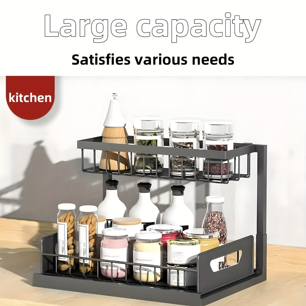 2-Tier Pull-Out Cabinet Organizer Metal Sliding Drawer, Kitchen Sink Storage Container for Bathroom Tabletop Study, Push-Pull Stackable Organizer for Kitchen Bathroom Cabinet