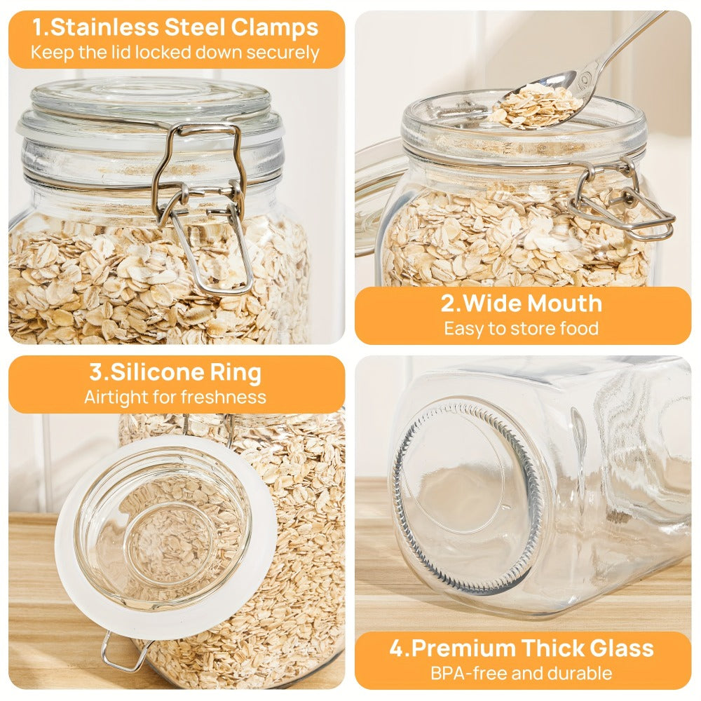Airtight Glass Storage Jars with Lids 3-Pack 50 OZ, Square Food Canisters for Kitchen Pantry Organization, Mason Jar Containers for Sugar Flour Cereal Coffee