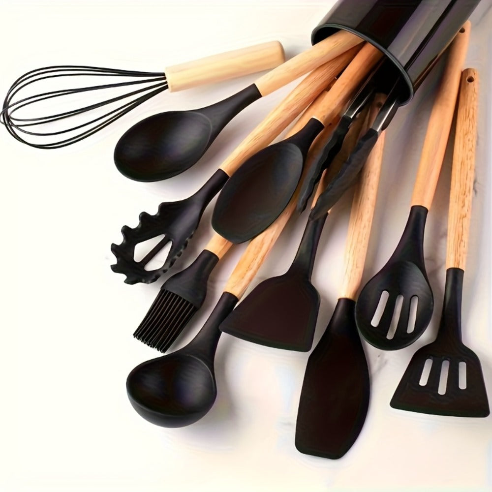 Silicone Kitchen Utensil Set 13 Piece with Wooden Handles Non-Stick Safe Heat Resistant Cooking Tools Spatula Spoon Ladle Set for Cooking Baking Dorm Essentials