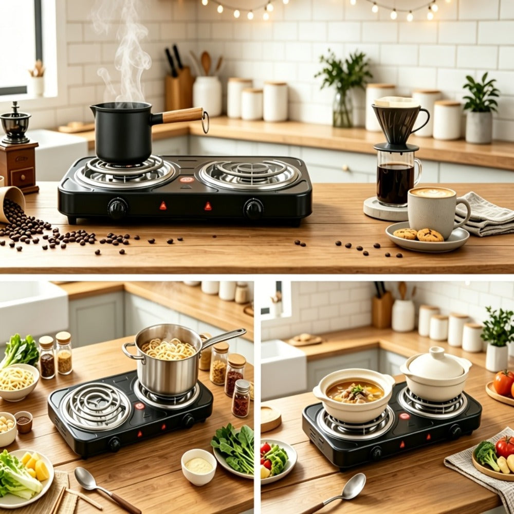 Portable Electric Stove Tabletop Double Burner ¨C Adjustable Rotary Temperature Control, Compact Electric Charcoal Heater for Home, Office, Dorm, Camping, Milk & Coffee Heating, Black