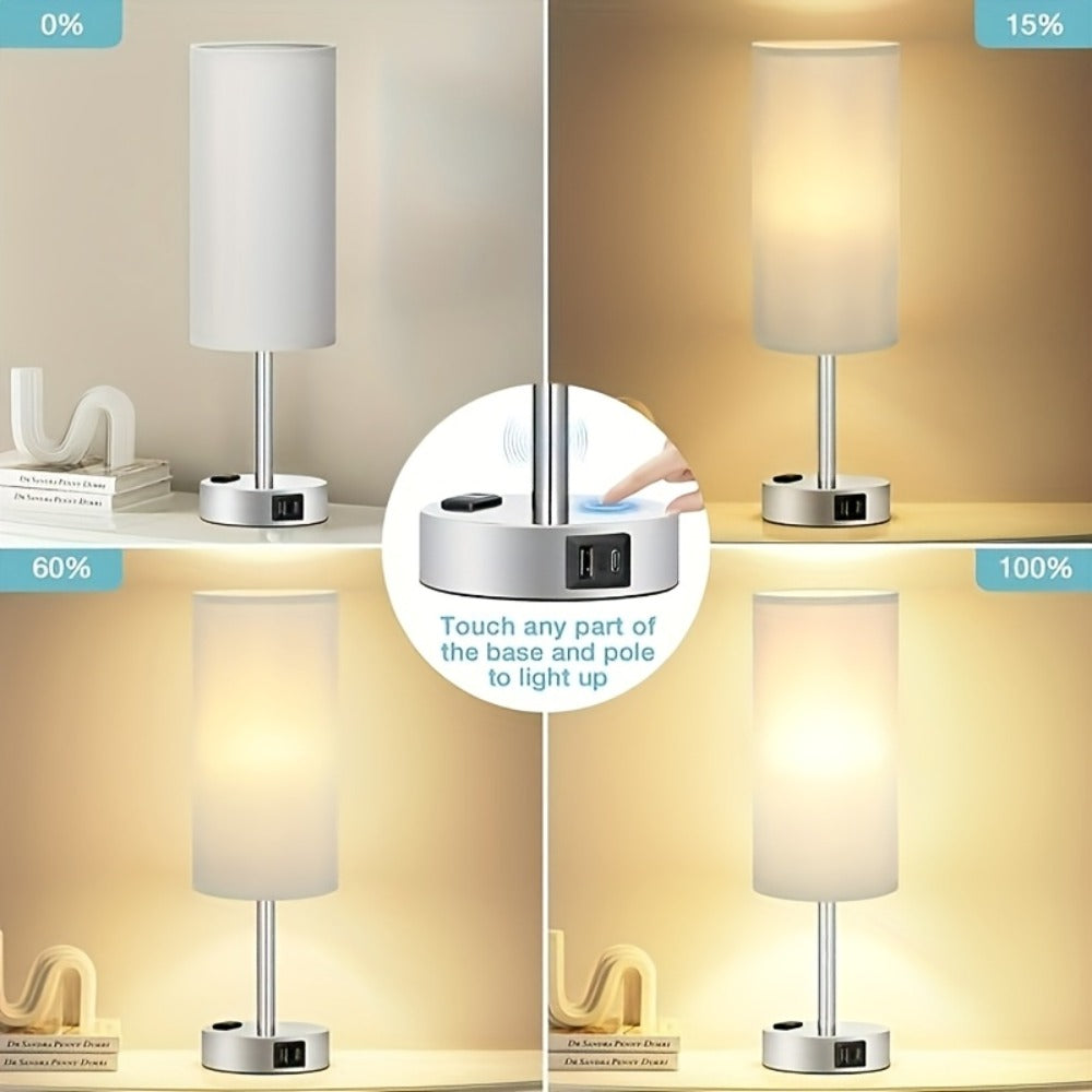 Bedside Table Lamp with USB-C Charging Port ¨C 3-Way Dimmable Touch Lamp, Wood Base Round Burlap Shade, Small Nightstand Desk Light with AC Outlet & A19 LED Bulb Included for Bedroom Living Room Office