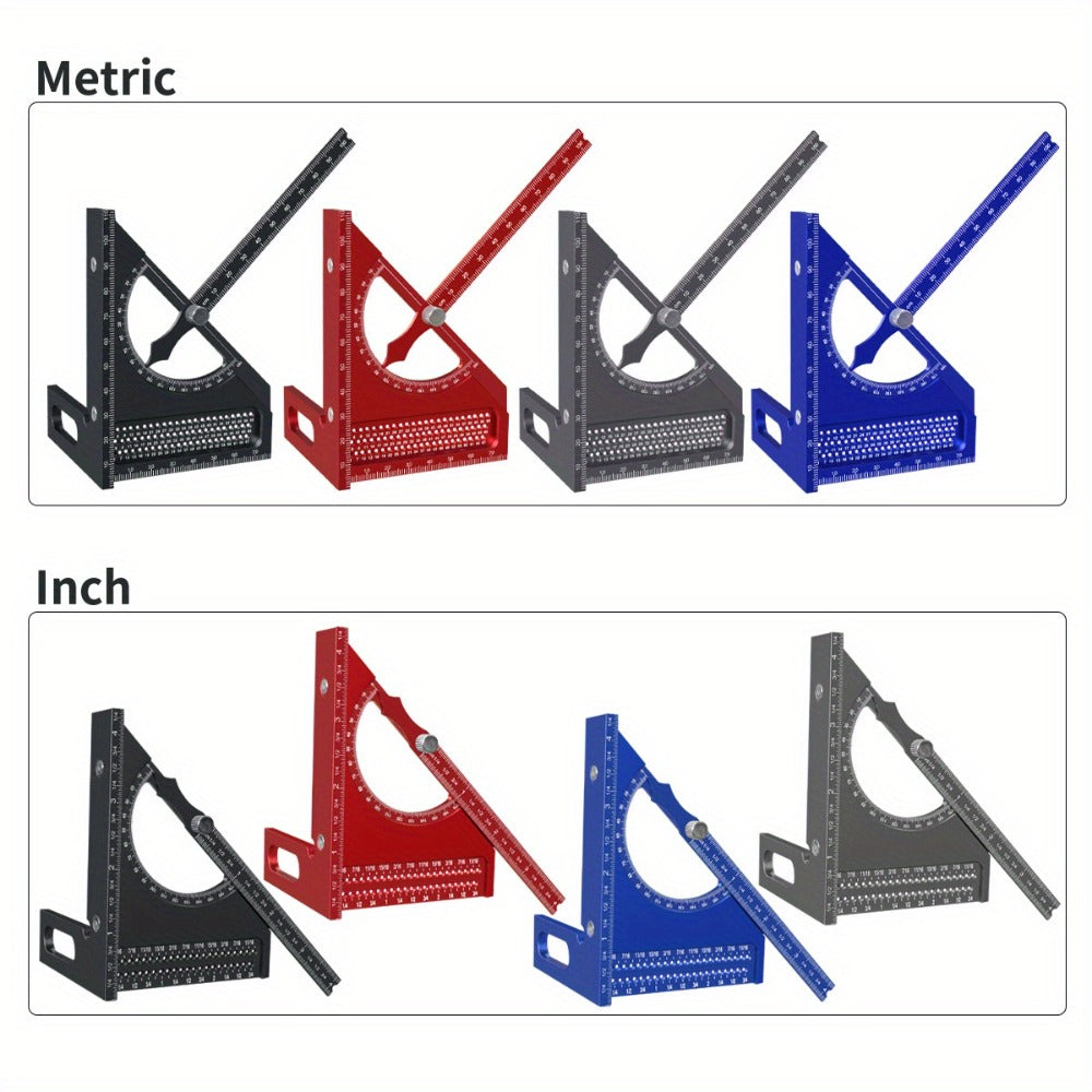 Adjustable 3D Carpentry Square Set 180¡ã Rotating Aluminum Alloy Triangle Ruler T-Square with Scribing Holes Red Black Markings Woodworking Measurement Tool