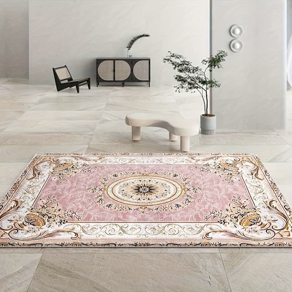 Luxury Velvet Area Rug 852 GSM Machine Washable Low-Pile Floral Checkered Non-Slip Polyester Carpet for Bedroom Living Room Dining Room Office Vintage Elegant Home Decor