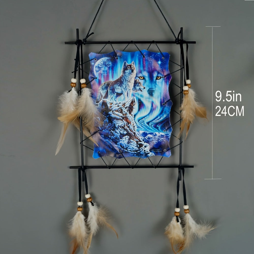 Wolf Eagle Dream Catcher Wall Art 2pcs Canvas Print Boho Native American Totem Hanging Decor with Feathers Wooden Beads Vintage Iron Frame for Living Room Bedroom Entryway TV Background