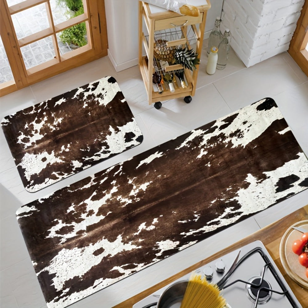 Cowhide Patterned Kitchen Mats Set of 2 ¨C Memory Foam Anti-Fatigue Floor Mats, Non-Slip Animal Print Cushioned Standing Mat for Kitchen Hallway Bathroom Laundry Room