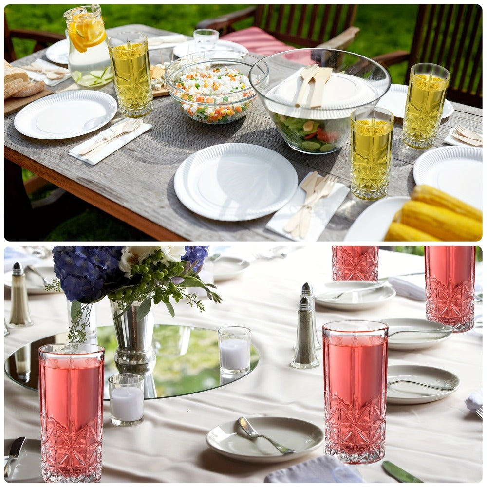 Highball Glasses Set of 12 - 12oz Crystal Clear Vintage Textured Tall Drinking Glasses, Dishwasher Safe Designer Glassware for Cocktail, Tea, Water, Beer & Soda