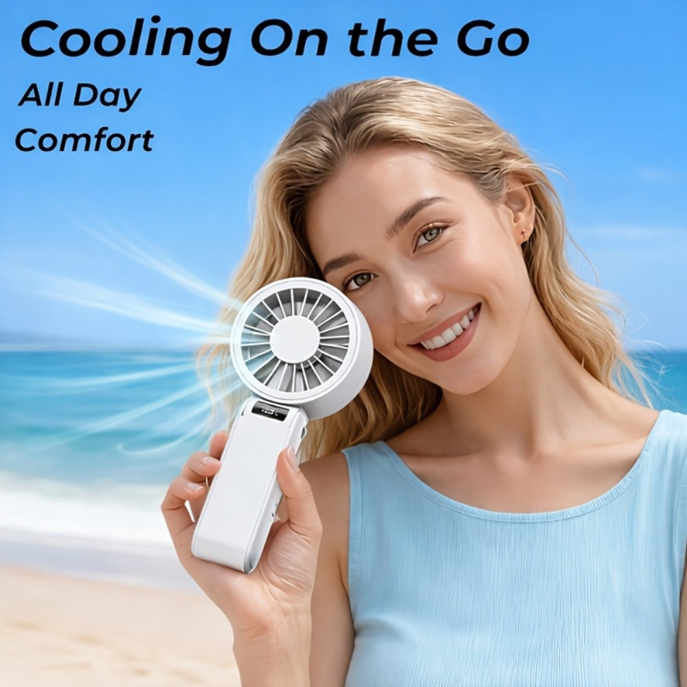 Handheld Fan USB-C Rechargeable 150-Speed Stepless Adjustable Turbo Fan LED Display Foldable Wearable Neck Desk Fan for Outdoor Travel Office Camping Black White Yellow