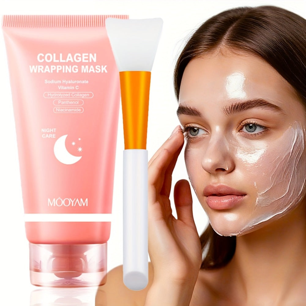 Collagen Night Mask Korean Skincare ¨C Gel Face Mask with Applicator Brush, Hydrolyzed Collagen, Niacinamide, Vitamin C & Hyaluronate for Hydration & Plumping, Paraben-Free, 80g (MOOYAM)