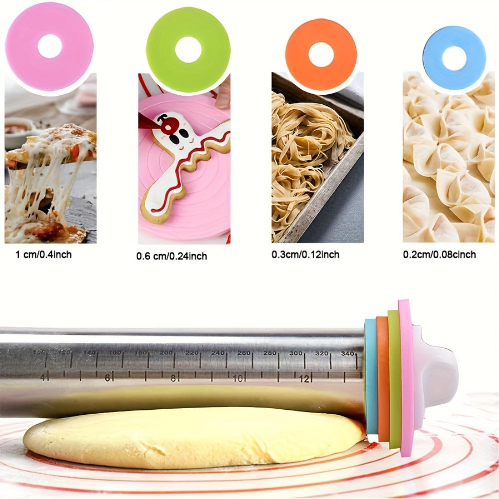Stainless Steel Rolling Pin with Adjustable Thickness Rings Dough Roller for Baking Pizza Cookies Pastry 430 Grade Non-Stick Heavy Duty Kitchen Baking Tool