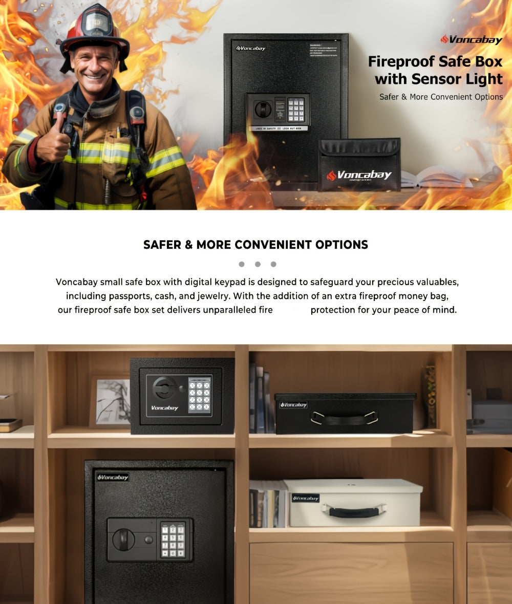 Home Security Safe Box with Sensor Light & Fireproof Bag ¨C Digital Keypad Lock Box with Backup Keys for Cash, Jewelry & Valuables ¨C Wall, Floor & Closet Mountable Safe (Multiple Sizes & Colors)