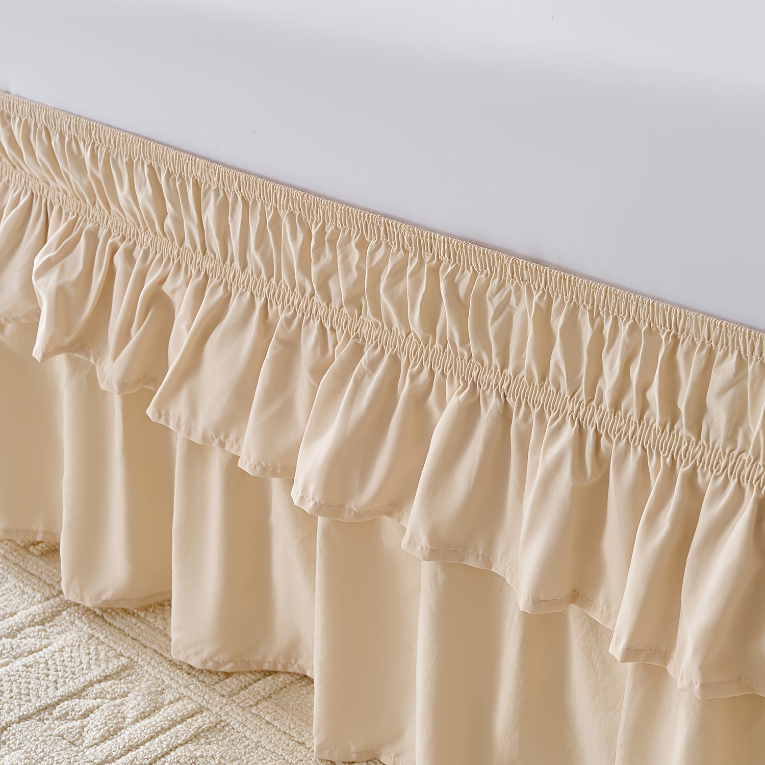 Double Ruffle Bed Skirt 16¡± Drop | Elastic Wrap Around Dust Ruffle for Twin Full Queen King Bed | Easy Install Machine Washable Soft Linen Poly Blend Bedskirt