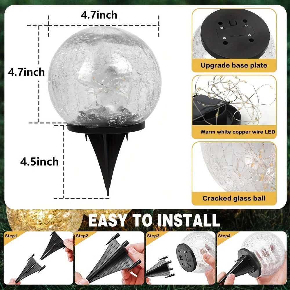 Solar Garden Globe Lights 4 Pack Cracked Glass Ball Outdoor Solar Sphere Lights with 30 LED Warm White IP65 Waterproof Auto On Off for Garden Patio Lawn Yard Pathway Christmas Decoration