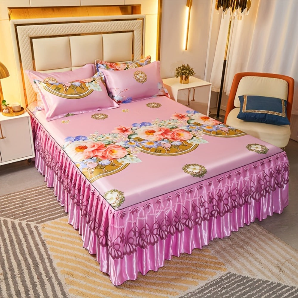 Floral Ruffle Bed Skirt Cool Mat 3 Piece Set with Pillowcase, Double Layer 360¡ã Full Wrap Washable Cooling Mattress Cover, Breathable Summer Bedding Set for Twin Full Queen King, Parisian Romantic Floral