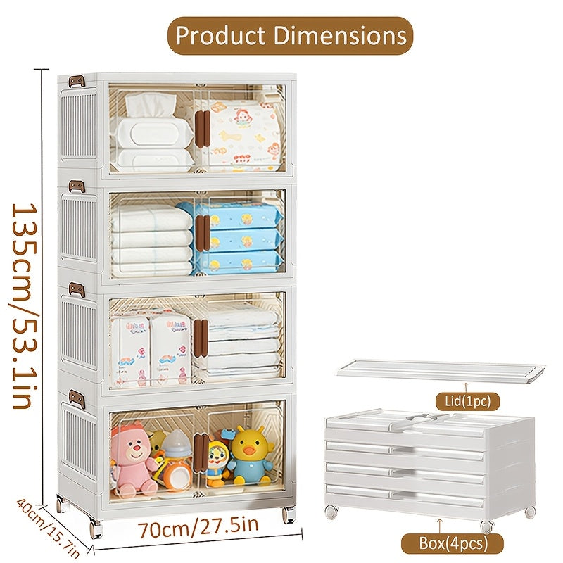 Stackable Foldable Storage Cabinet with Door ¨C PP Plastic 1/2/3/4/5 Layer Organizer Box with Wheels & Cover | Dual-Access Home Storage for Clothes, Books, Snacks & Kitchen Supplies | Office & Garage