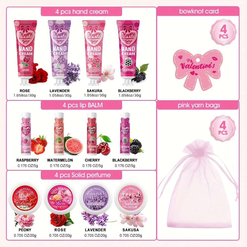 20pcs Beauty Gift Set Lip Balm Hand Cream Solid Perfume Pink Gift Bag Glossy Finish All Skin Types Holiday Party Mother's Day Wedding Bridesmaid Favors