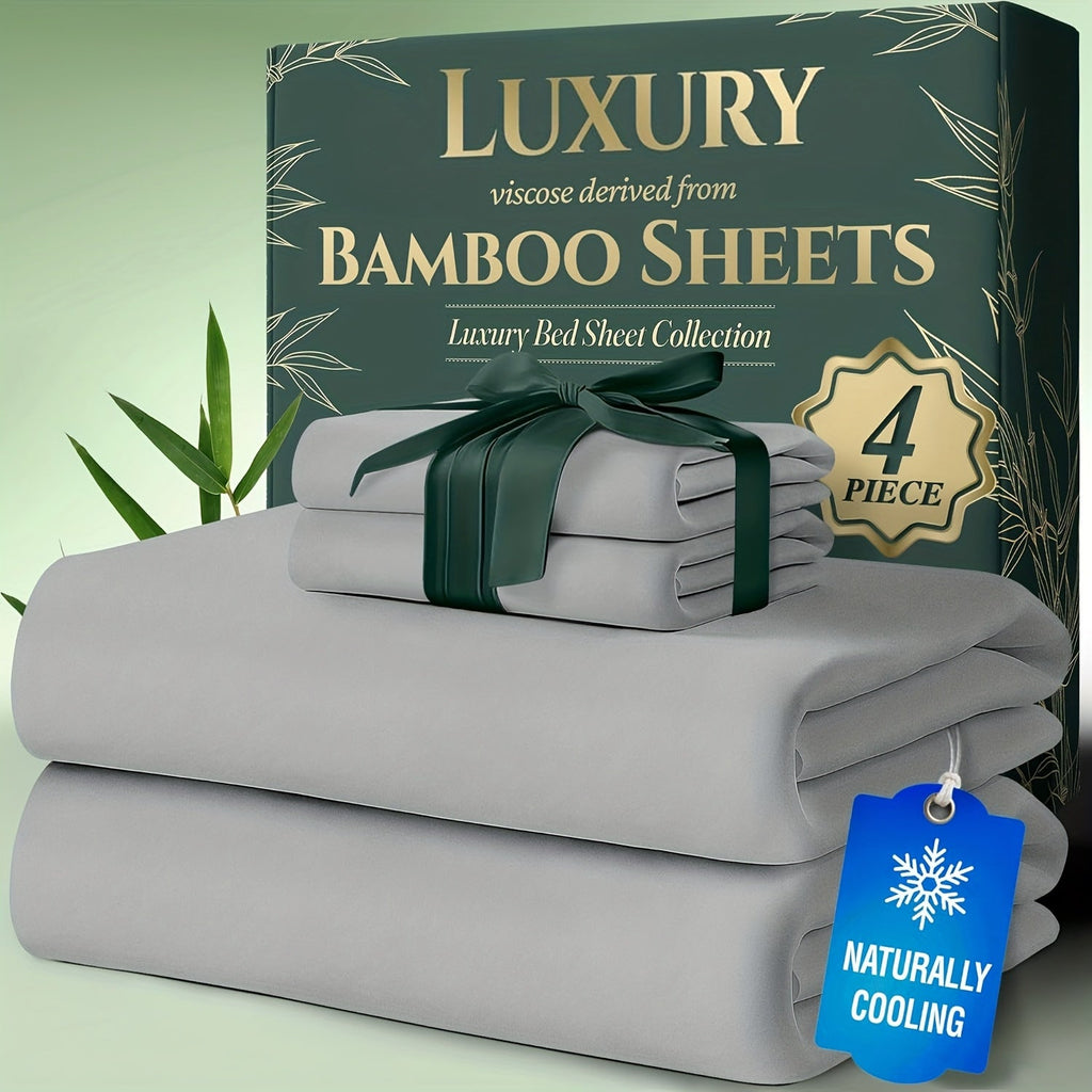 Bamboo Bed Sheet Set Twin Full Queen King - Cooling Soft Deep Pocket Fitted Sheets for Hot Sleepers, Moisture-Wicking Breathable Bedding Set Multiple Colors
