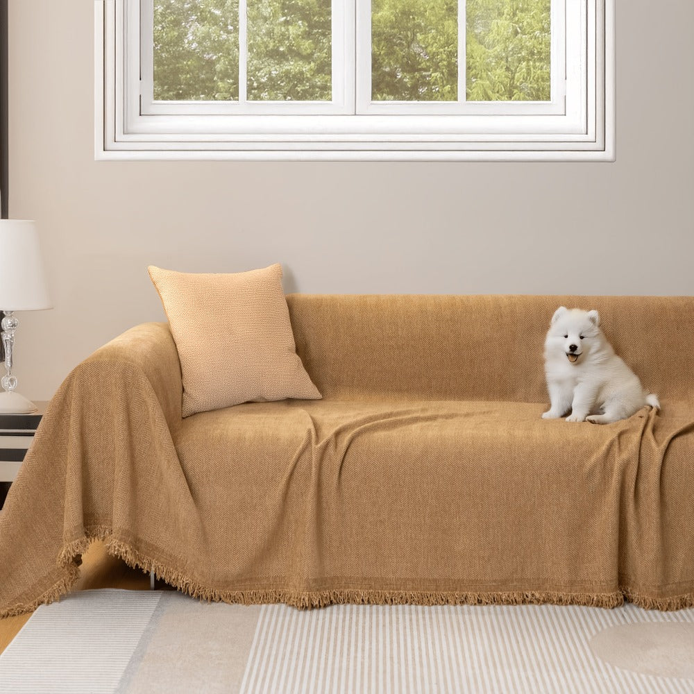 Couch Cover Throw Chenille Fringe Extra Large - Pet Friendly Scratch Proof Non-Slip Washable Polyester Sofa Protector | 3 Seat 71x102in 4 Seat 71x134in | Beige Gray Brown | Living Room Multipurpose
