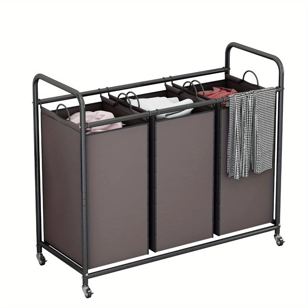 3-Bag Laundry Sorter Cart 63.4 Gallon ¨C Rolling Hamper with Lockable Wheels & Removable Bags, Heavy-Duty Fabric Laundry Basket for Bedroom & Laundry Room, Black Gray Beige Brown