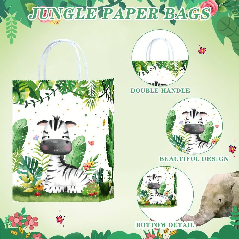 Party Favor Bags Safari Animals Jungle Theme Woodland Print Paper Goodie Bags with Handles for Kids Birthday Party Candy Gift Bags 8 Styles 16 or 32 Pack