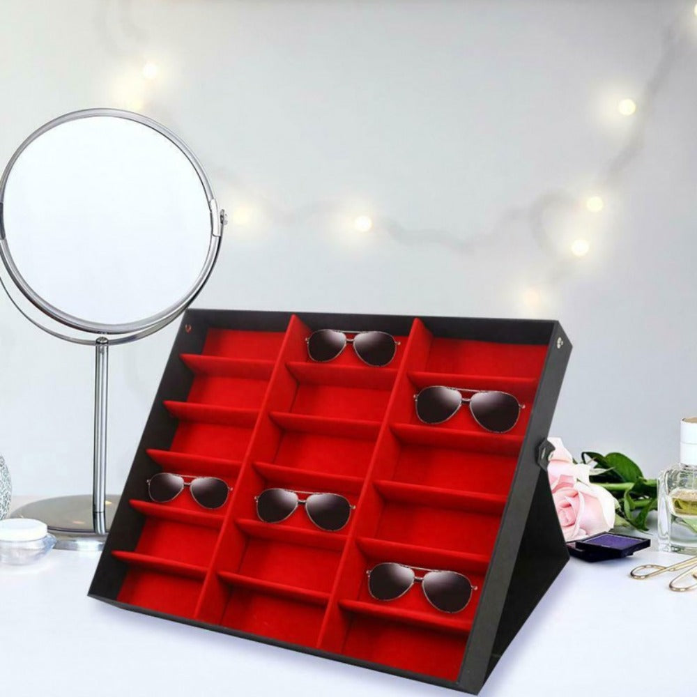 Eyeglass Organizer Box 18 Grid - Velvet Sunglasses Display Case with Foldable Cover, Scratch-Proof Storage for Glasses & Jewelry, Black or White