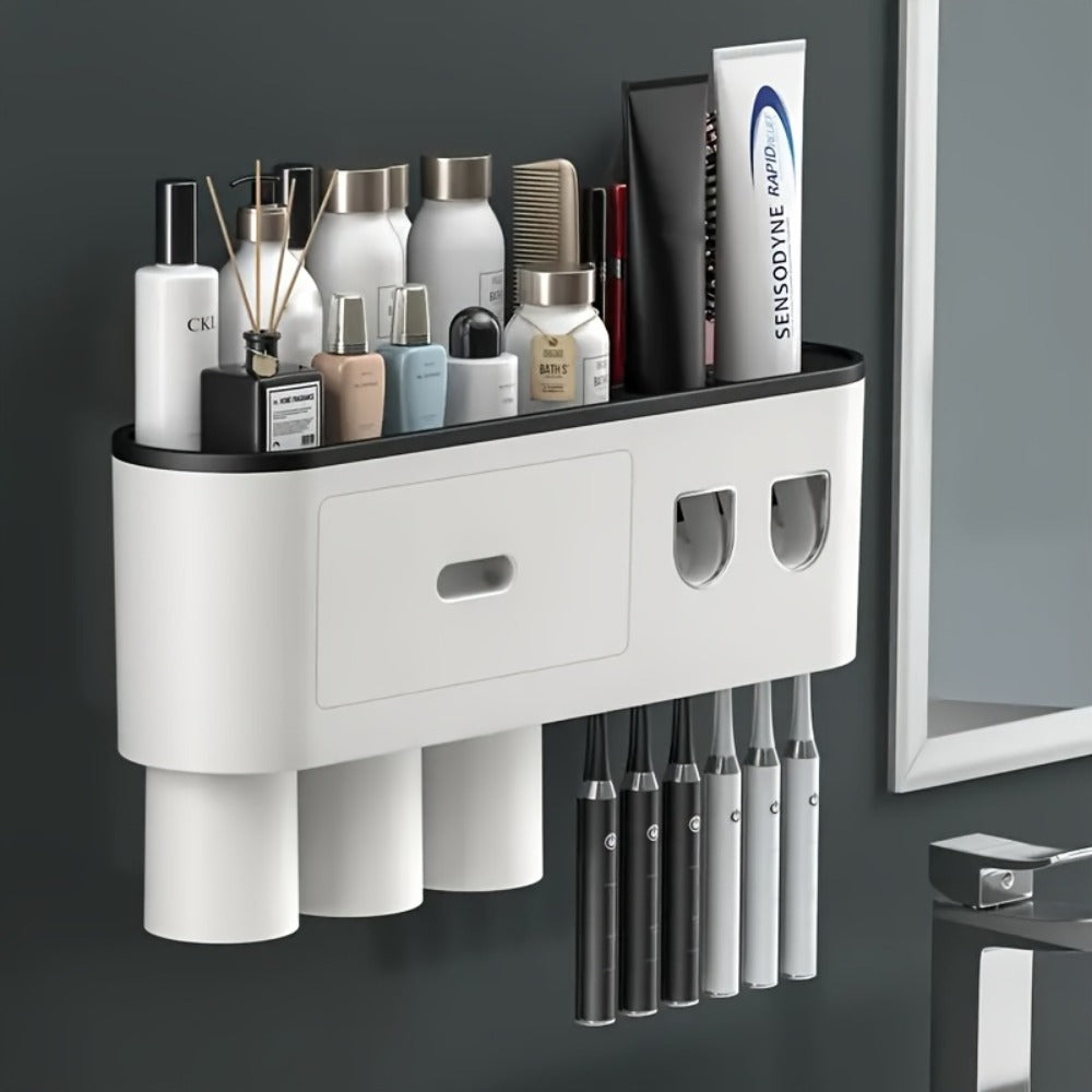 Wall Mounted Toothbrush Holder with Automatic Toothpaste Dispenser - 3 Cups Bathroom Organizer, Space-Saving Toothbrush Cup Holder for Family, Black & Gray
